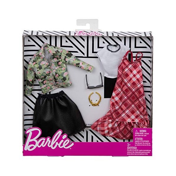 Barbie Fashionistas Kit Vêtements, 2 Tenues pour Poupée dont Jupe Imitation Cuir, Robe, Tee-Shirt, Veste et Accesssoires, Jou