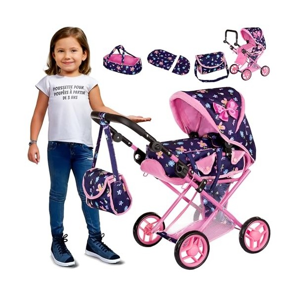 Kinderplay Poussette Poupee, Poussette Jouet - Poignée de la Poussette Entre 36.5 et 64 cm, avec Prise Souple, 3en1, KP0200I