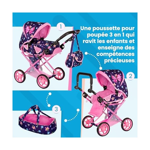 Kinderplay Poussette Poupee, Poussette Jouet - Poignée de la Poussette Entre 36.5 et 64 cm, avec Prise Souple, 3en1, KP0200I