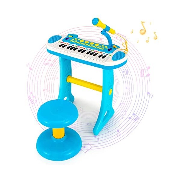 GOPLUS Clavier de Piano à 31 Touches pour Enfant, Jouet Piano Électronique avec Tabouret et Microphone, 22 Démos, pour Garçon