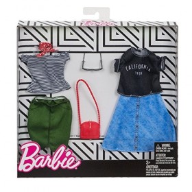 Barbie Fashionistas Kit vêtements, 2 tenues pour poupée, dont jupes, t-shirt, top et accessoires, jouet pour enfant, FKT30