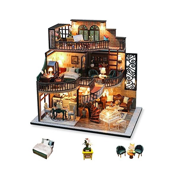 Cuteefun Maquette Maison Miniature pour Adulte à Construire, DIY Maison de  Poupée Miniature Bois en Kit avec Meubles Musique
