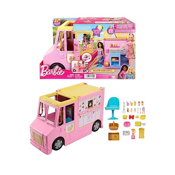 Barbie Coffret Camion À Limonade 25 Éléments De Jeu, Zone De Préparation Et Zone De Dégustation, Accessoires Colorés, Jouet E