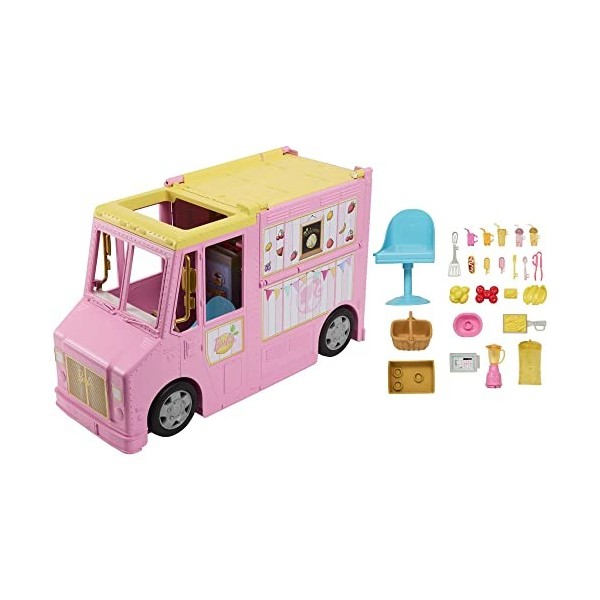 Barbie Coffret Camion À Limonade 25 Éléments De Jeu, Zone De Préparation Et Zone De Dégustation, Accessoires Colorés, Jouet E