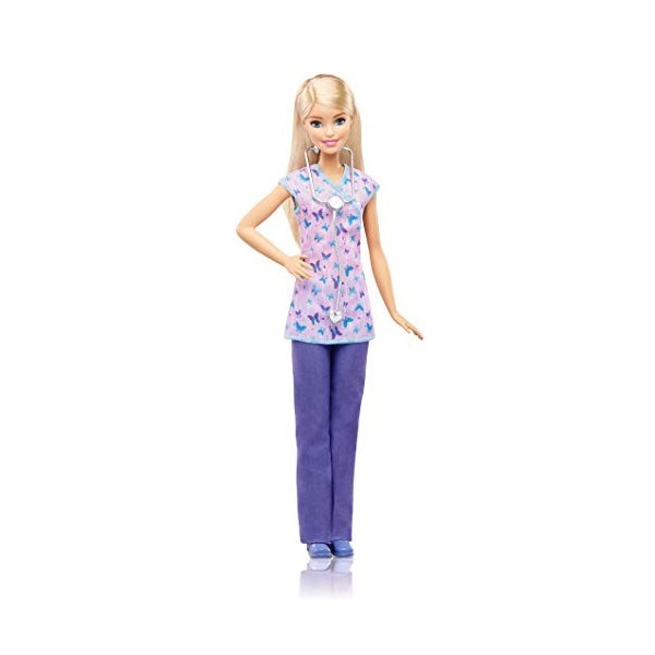 Barbie Métiers poupée infirmière blonde avec blouse, pantalon violet et stéthoscope, jouet pour enfant, DVF57