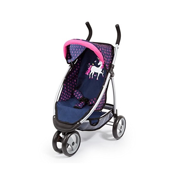 Bayer Design 39954AA Poussette Poupée Jogger, Landau pour poupée, avec ceinture de sécurité, réglable, avec jolie licorne, bl