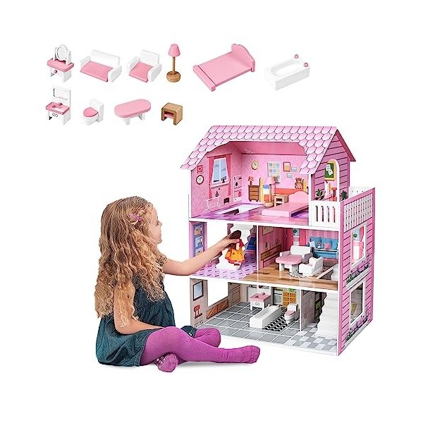 JOIEYOU Maison de Poupées en Bois, Maison de Jeu pour Poupées, Grande Villa de Poupées avec Meubles et Accessoires, Jouet Dol