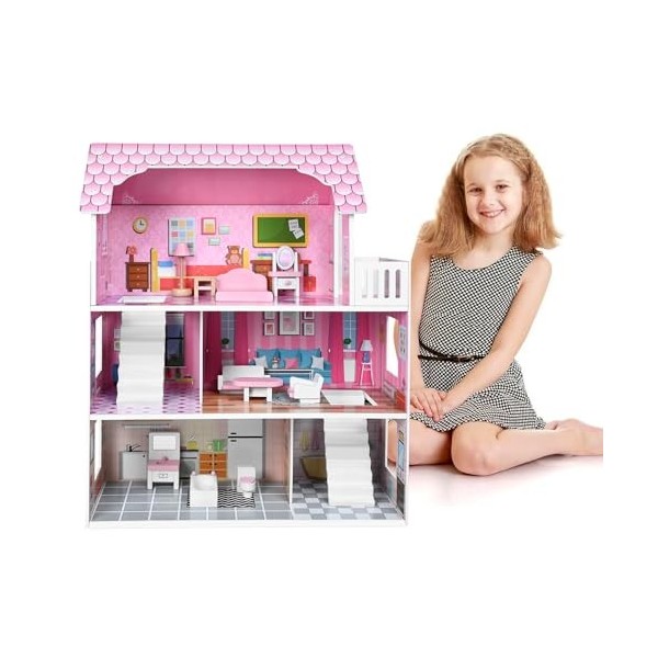 XINZI Dollhouse Dollhouse Lot de 3 maisons de poupée en bois 60 x 24 x 70 cm avec accessoires pour escaliers, chambre à couch