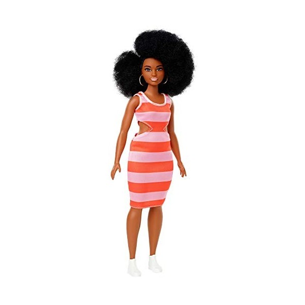 Barbie Fashionistas poupée mannequin 105 brune avec coupe afro et robe rayée orange et rose, jouet pour enfant, FXL45