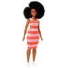 Barbie Fashionistas poupée mannequin 105 brune avec coupe afro et robe rayée orange et rose, jouet pour enfant, FXL45