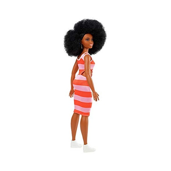 Barbie Fashionistas poupée mannequin 105 brune avec coupe afro et robe rayée orange et rose, jouet pour enfant, FXL45