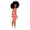 Barbie Fashionistas poupée mannequin 105 brune avec coupe afro et robe rayée orange et rose, jouet pour enfant, FXL45