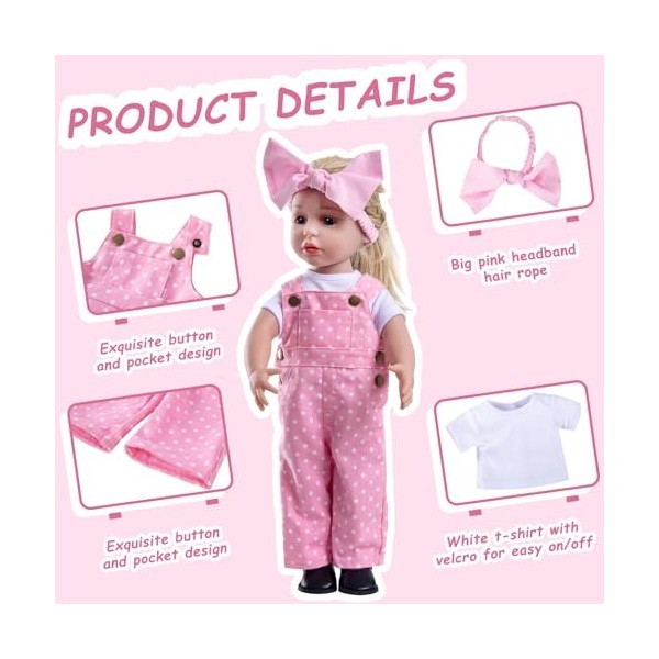 Rakki Dolli Ensemble daccessoires de vêtements de poupée 3 pièces avec salopette rose tendance, salopette et t-shirt blanc à