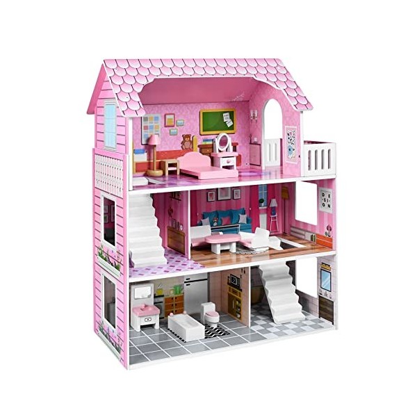 Froadp Maison de Poupee en Bois 60x27x70cm Maison Grande Ensemble de Jeu de Villa de Poupée Maison 3 Étages Dreamhouse avec M