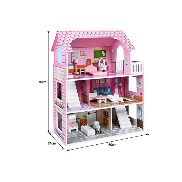 Froadp Maison de Poupee en Bois 60x27x70cm Maison Grande Ensemble de Jeu de Villa de Poupée Maison 3 Étages Dreamhouse avec M