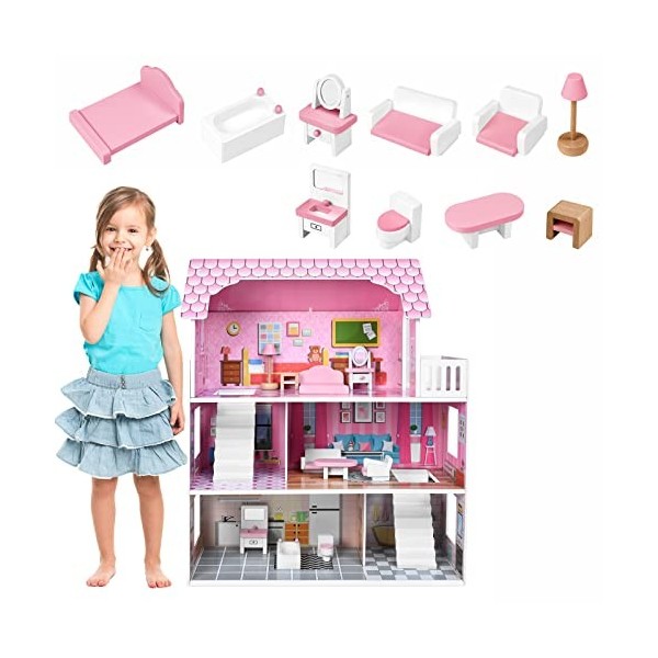 HENGMEI Maison de poupée en bois pour enfant - Villa de poupée à 3 étages - Barbie Haus Dollhouse - Kit de jeu pour filles av