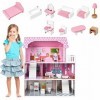 HENGMEI Maison de poupée en bois pour enfant - Villa de poupée à 3 étages - Barbie Haus Dollhouse - Kit de jeu pour filles av