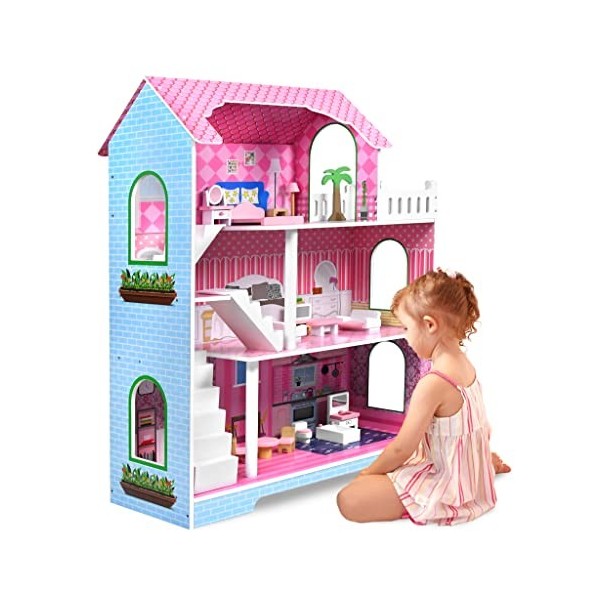 NAIZY Maison de Poupée pour Enfants en Bois Manoir de Poupées 70x60x24cm Mobilier Grande Dollhouse Rose 3 étages avec Meubles