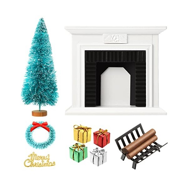 Lot de 14 accessoires de décoration de maison de poupée de Noël 1:12 avec cheminée vintage en bois, chaussettes de Noël, boît