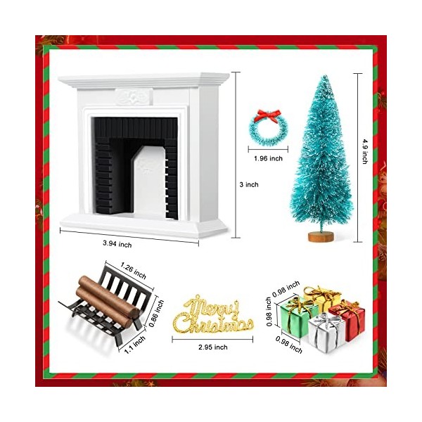 Lot de 14 accessoires de décoration de maison de poupée de Noël 1:12 avec cheminée vintage en bois, chaussettes de Noël, boît