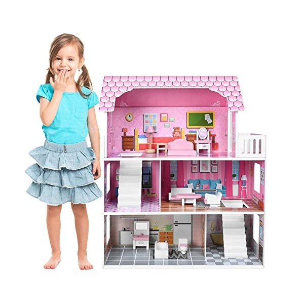 Aufun Maison de poupée en Bois MDF et Mobilier Dreamhouse avec 3 étages Comprenant des Meubles, des Accessoires pour Un Long 