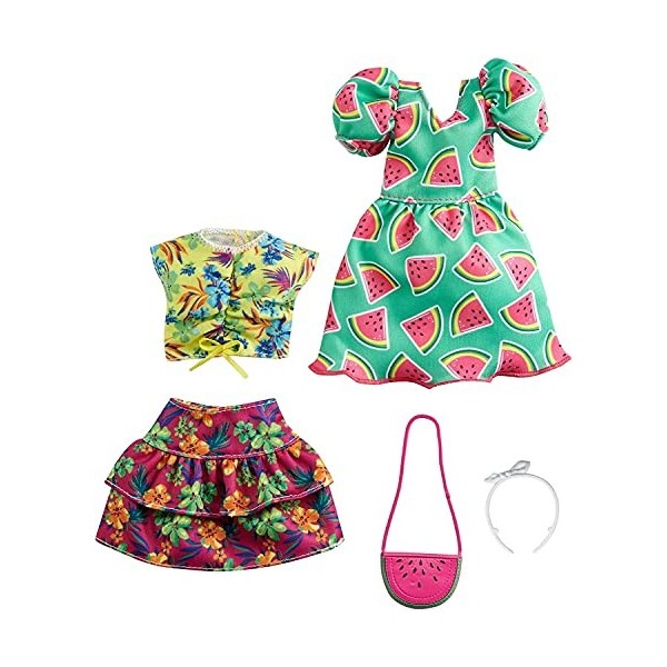 Barbie Fashionistas Kit vêtements, 2 tenues pour poupée dont robe motifs pastèque, jupe, débardeur hawaïen et 2 accessoires, 