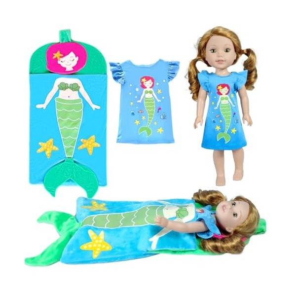 WONDOLL Ensemble de vêtements et sac de couchage pour poupée sirène de 35,6 cm – Robe sirène avec masques et bijoux assortis 