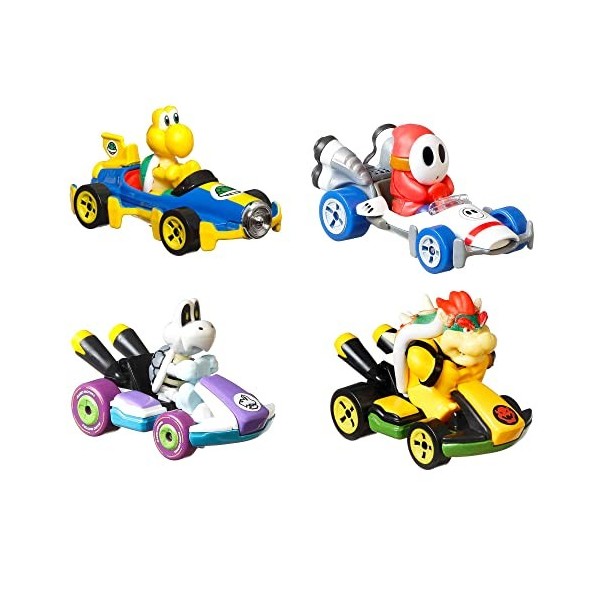 Hot Wheels Coffret de 4 véhicules Mario Kart échelle 1:64 en métal, collection de 4 karts avec personnages légendaires du jeu