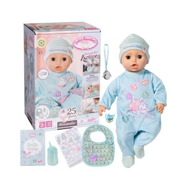 Baby Annabell Active Alexander 709924 - Poupée de 43 cm avec 1 corps doux à câliner, des fonctions & sons réalistes - vêtemen