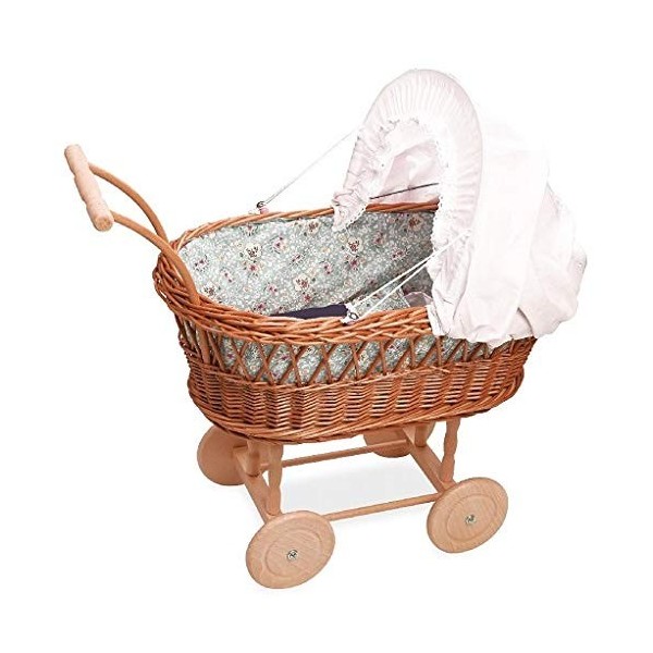 Landau de Poupee en Osier petitcollin 30x60cm avec Parure de lit - Motifs Fleurs - poignee 51 cm