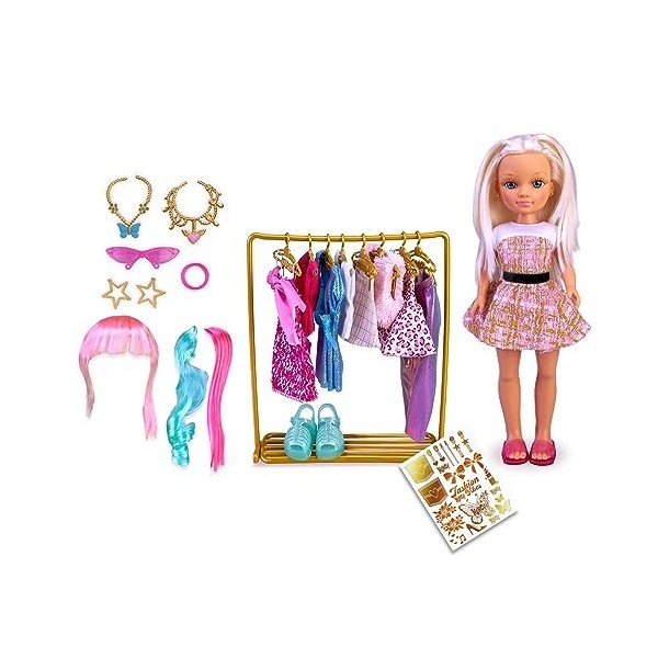 Nancy - Dressing Looks, Armoire pour poupée glamour, 8 vêtements et 8 accessoires, chaussures de jouet, ensemble dautocollan
