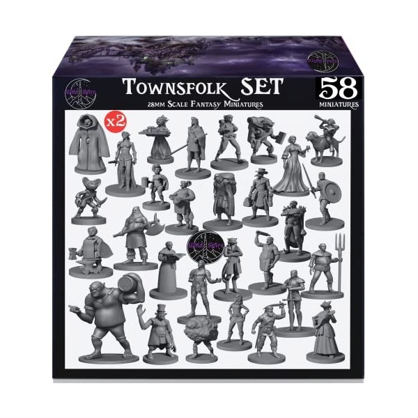 Newcombie Wildspire Lot de 58 figurines fantastiques Townsfolk pour figurines DND en vrac de 28 mm Donjons et Dragons | Pour 