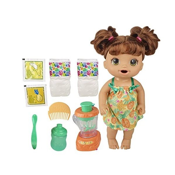 Baby Alive Magical Mixer Baby Doll Tropical Treat with Blender Accessories, Drinks, Wets, Eats, Brown Hair Toy for Children A