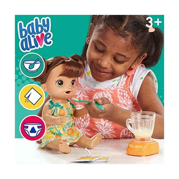 Baby Alive Magical Mixer Baby Doll Tropical Treat with Blender Accessories, Drinks, Wets, Eats, Brown Hair Toy for Children A