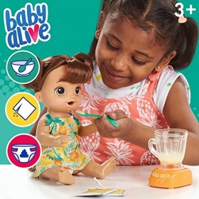 Baby Alive Magical Mixer Baby Doll Tropical Treat with Blender Accessories, Drinks, Wets, Eats, Brown Hair Toy for Children A