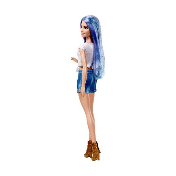 Barbie Fashionistas poupée mannequin 88 aux cheveux bleus avec t-shirt licorne et short en jean, jouet pour enfant, FJF48