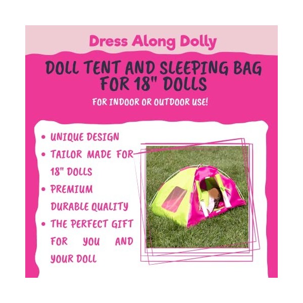 Dress Along Dolly Tente de camping pour poupée avec sac de couchage et oreiller – Meuble pour poupées American Girl et poupée