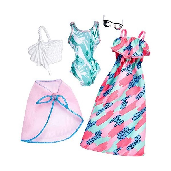 Barbie Fashionistas Kit vêtements, 2 tenues pour poupée dont robe, jupe, body et accessoires, jouet pour Enfant, FKT27