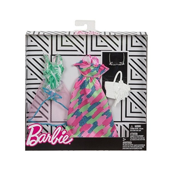 Barbie Fashionistas Kit vêtements, 2 tenues pour poupée dont robe, jupe, body et accessoires, jouet pour Enfant, FKT27