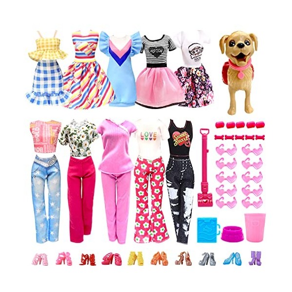 Lot de 45 vêtements et accessoires de poupée, 1 animal de compagnie avec jouets de nettoyage, 10 robes en tissu pour poupées 