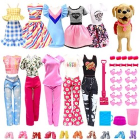 Lot de 45 vêtements et accessoires de poupée, 1 animal de compagnie avec jouets de nettoyage, 10 robes en tissu pour poupées 