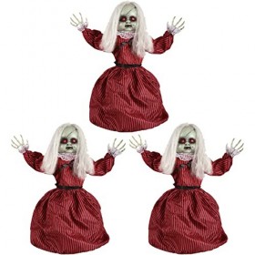 Animatronic Lot de 3 grandes poupées en robe rouge et noire pour Halloween – Yeux et effets sonores rouges – Roues motorisées