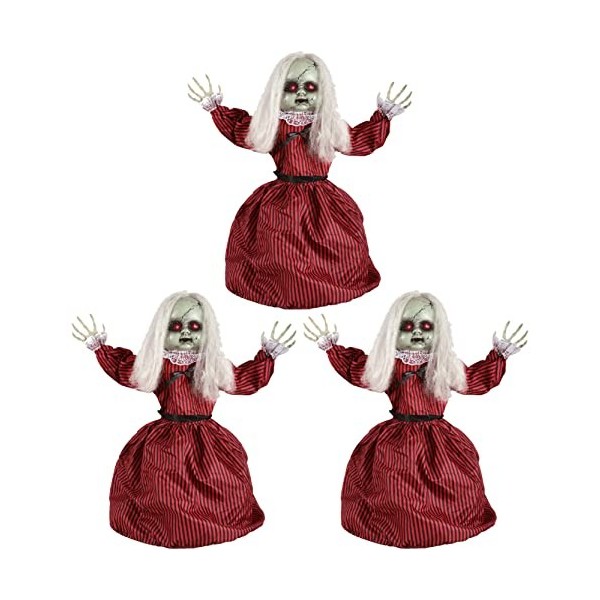 Animatronic Lot de 3 grandes poupées en robe rouge et noire pour Halloween – Yeux et effets sonores rouges – Roues motorisées