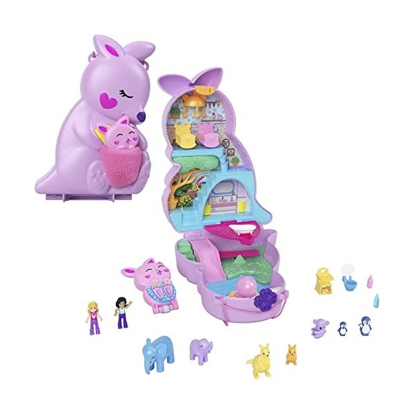 Polly Pocket Jouet de voyage 2 en 1, jouet animal avec 2 poupées et accessoires, sac à main kangourou Mama & Joey Grand compa