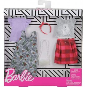 Barbie Fashionistas Kit vêtements de voyage, 2 tenues pour poupée dont jupe, robe, tops et accesssoires, jouet pour enfant, F