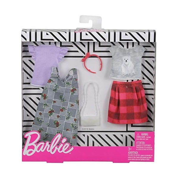 Barbie Fashionistas Kit vêtements de voyage, 2 tenues pour poupée dont jupe, robe, tops et accesssoires, jouet pour enfant, F