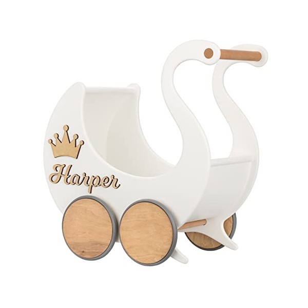 Landau de Poupée en Bois Swan Queen Individuellement avec des Noms - Chariot Pousseur bébé Bois - Poussette Poupee Décoration