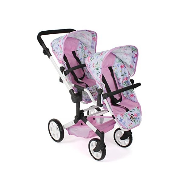 Bayer Chic 2000 - Poussette de poupée Linus Duo, Landau jumeau pour Enfants de 4 à 8 Ans, Fleurs, Rose 690-53