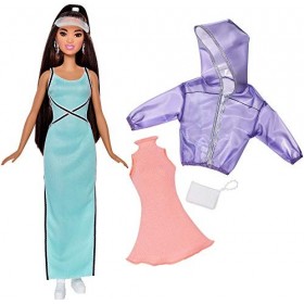 Barbie Fashionistas poupée mannequin 86 brune avec robe pastel et coupe-vent violet, fournie avec deuxième tenue, jouet pour