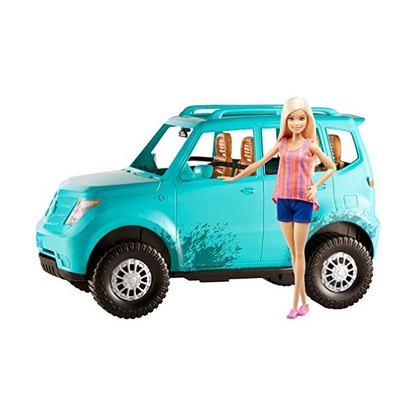 Barbie Voiture tout-terrain, véhicule 4 places turquoise avec carosserie éclaboussée de boue, poupée blonde incluse, jouet po